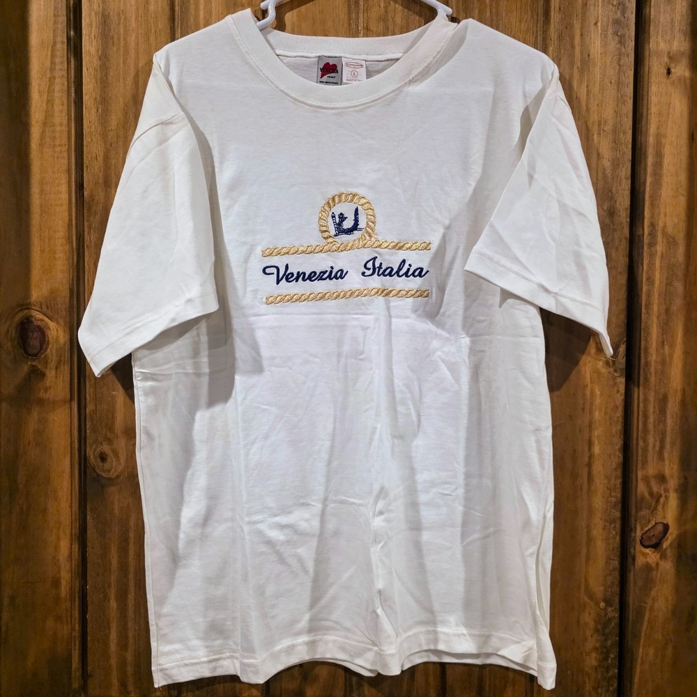 Vintage Venezia Italia T-Shirt Womens L White Embroidered Logo Short Sleeve